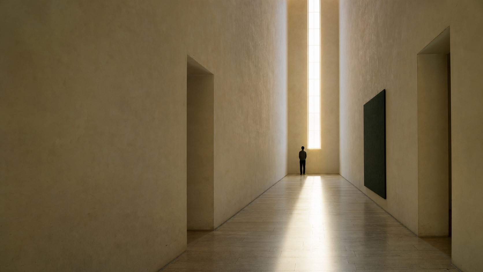 A solitary figure standing before a column of light in a vast quiet hall