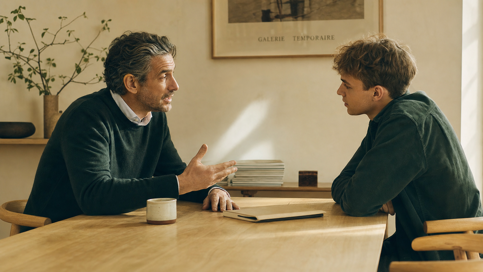 A mentor and student in genuine conversation at a minimal wooden table