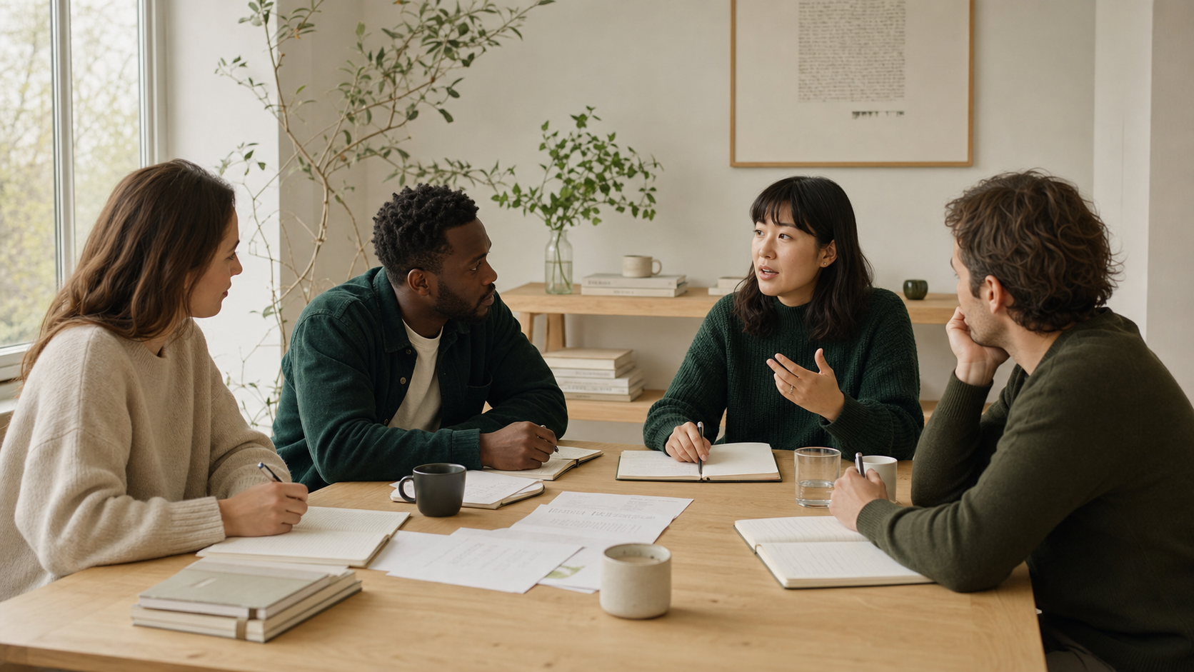 A diverse group in focused collaborative discussion around a table